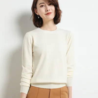 Women Casual Commuter Viscose Blend Thin Knitted Sweater Long Sleeve Round Neck Pullover