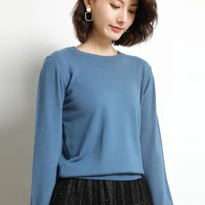 Women Casual Commuter Viscose Blend Thin Knitted Sweater Long Sleeve Round Neck Pullover