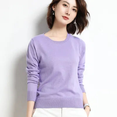 Women Casual Commuter Viscose Blend Thin Knitted Sweater Long Sleeve Round Neck Pullover