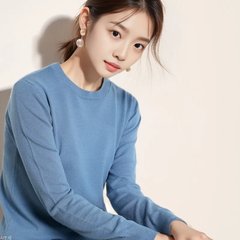 Women Casual Commuter Viscose Blend Thin Knitted Sweater Long Sleeve Round Neck Pullover