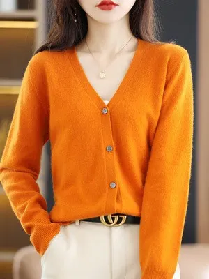 Autumn Winter Women V-Neck Long-Sleeved Knitted Cardigan Sweater