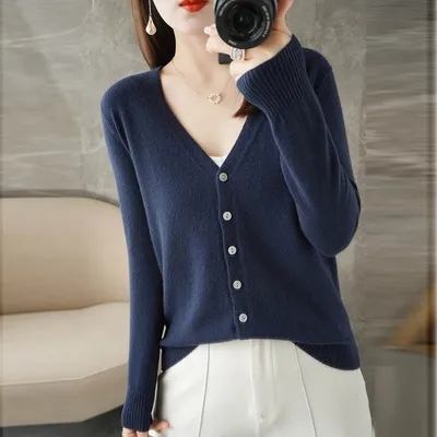 Autumn Winter Women V-Neck Long-Sleeved Knitted Cardigan Sweater