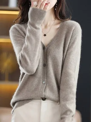 Autumn Winter Women V-Neck Long-Sleeved Knitted Cardigan Sweater