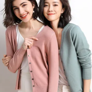 Autumn Winter Women V-Neck Long-Sleeved Knitted Cardigan Sweater