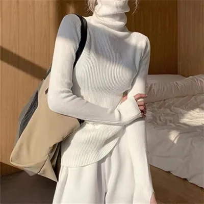 Autumn Winter Women Fashion Solid Color Stack Collar Skinny Knit Sweater