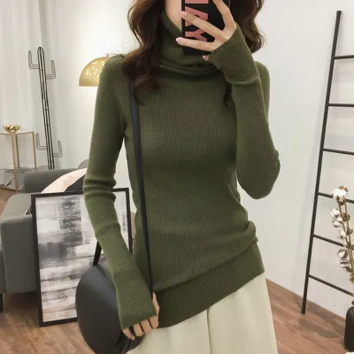 Autumn Winter Women Fashion Solid Color Stack Collar Skinny Knit Sweater