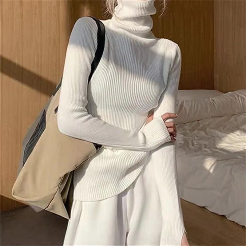 Autumn Winter Women Fashion Solid Color Stack Collar Skinny Knit Sweater