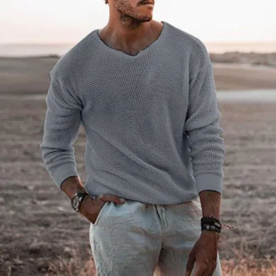 Men Casual Loose V-Neck Long Sleeve Pullover Sweater