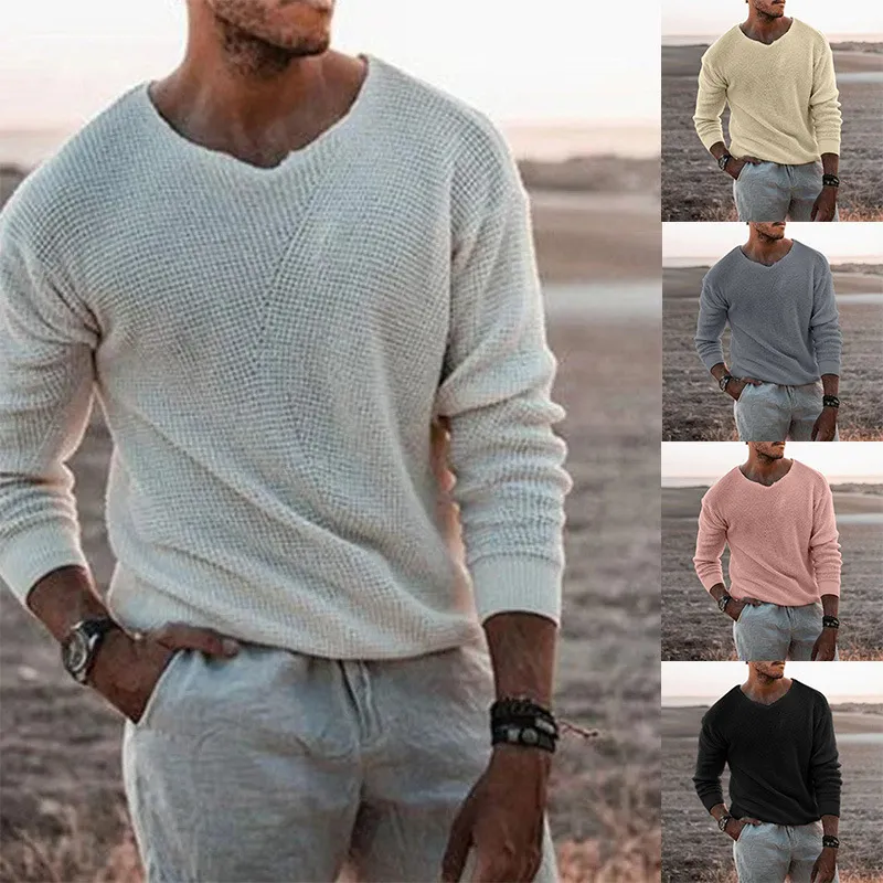 Men Casual Loose V-Neck Long Sleeve Pullover Sweater