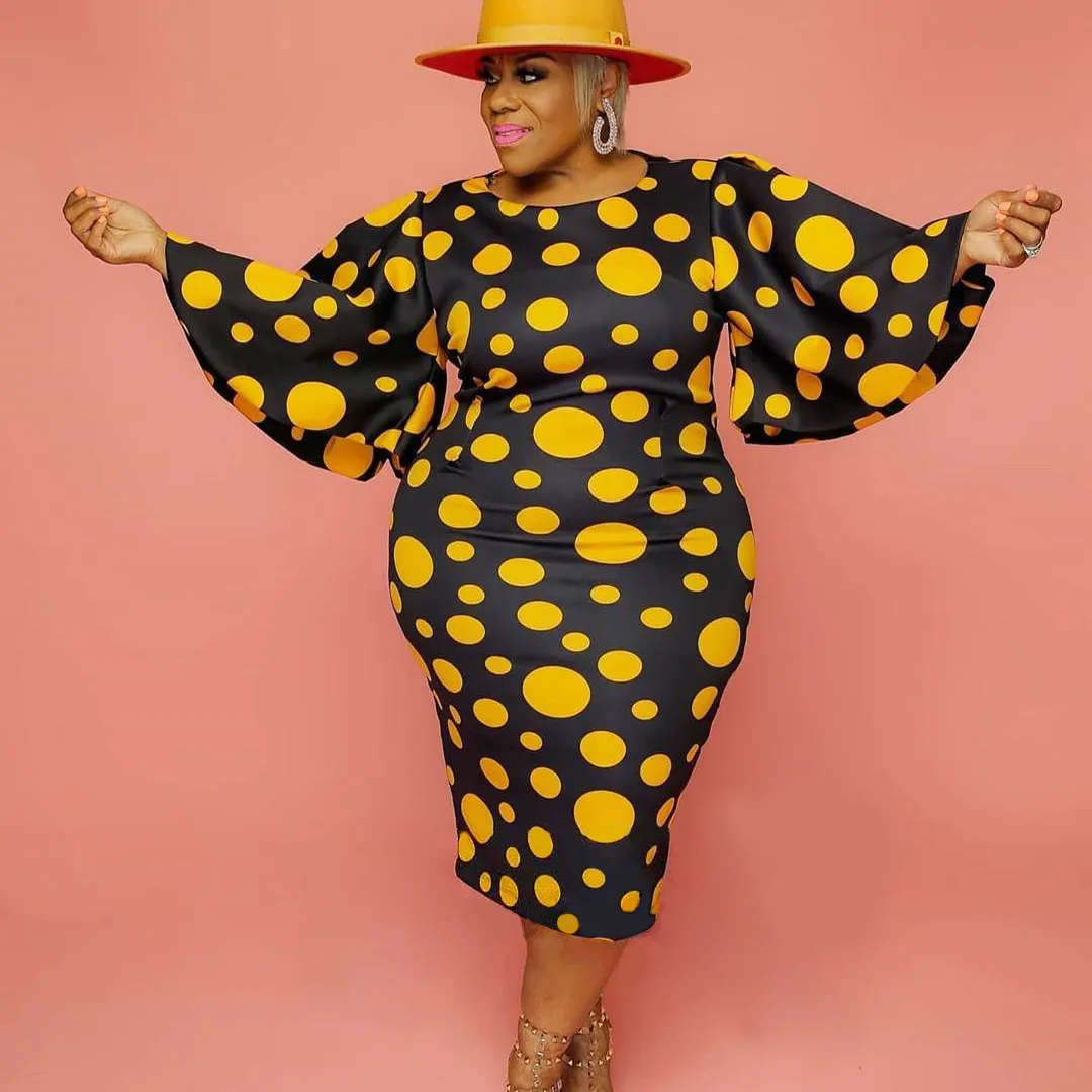 Fall Winter Flare Sleeve Polka Dot Printed Plus Size Women Dress