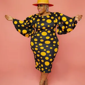 Fall Winter Flare Sleeve Polka Dot Printed Plus Size Women Dress