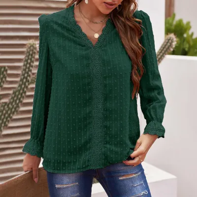 Women Solid Color V-Neck Jacquard Embroidered Lace Loose Chiffon Blouse