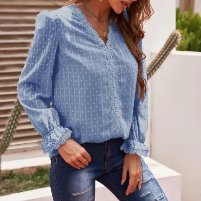 Women Solid Color V-Neck Jacquard Embroidered Lace Loose Chiffon Blouse