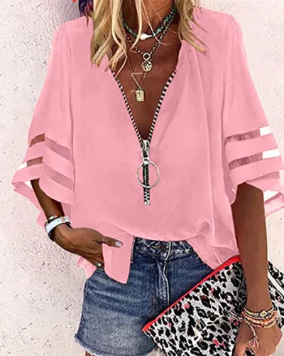 Casual V Neck Women Half Zipper Flare Sleeve Blouse