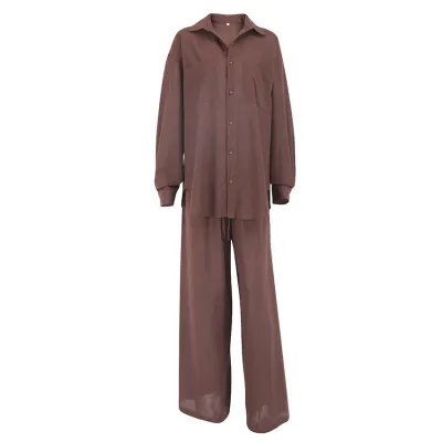 Women's Autumn Winter Casual Cotton Linen Long Sleeve Shirt Pants Set