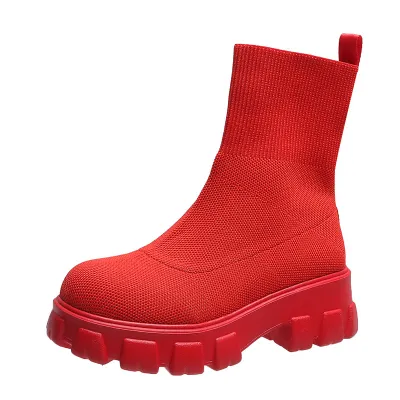 Women Plus Size Leisure Flying Fabric Stretch Thick-Soled Short Coarse Heel Round Toe Boots