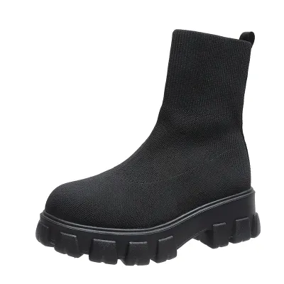 Women Plus Size Leisure Flying Fabric Stretch Thick-Soled Short Coarse Heel Round Toe Boots