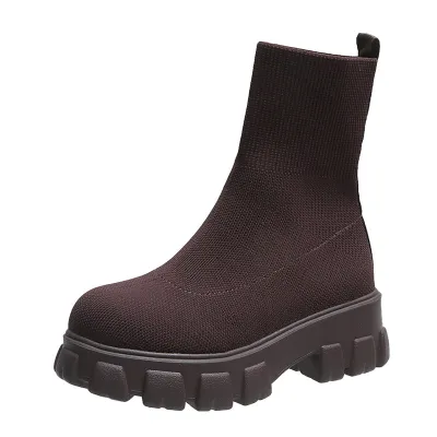 Women Plus Size Leisure Flying Fabric Stretch Thick-Soled Short Coarse Heel Round Toe Boots