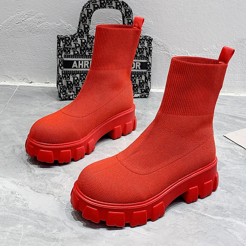 Women Plus Size Leisure Flying Fabric Stretch Thick-Soled Short Coarse Heel Round Toe Boots