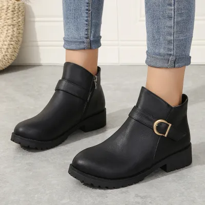 Women Casual Vintage Plus Size Round Toe Side Zipper Short Boots