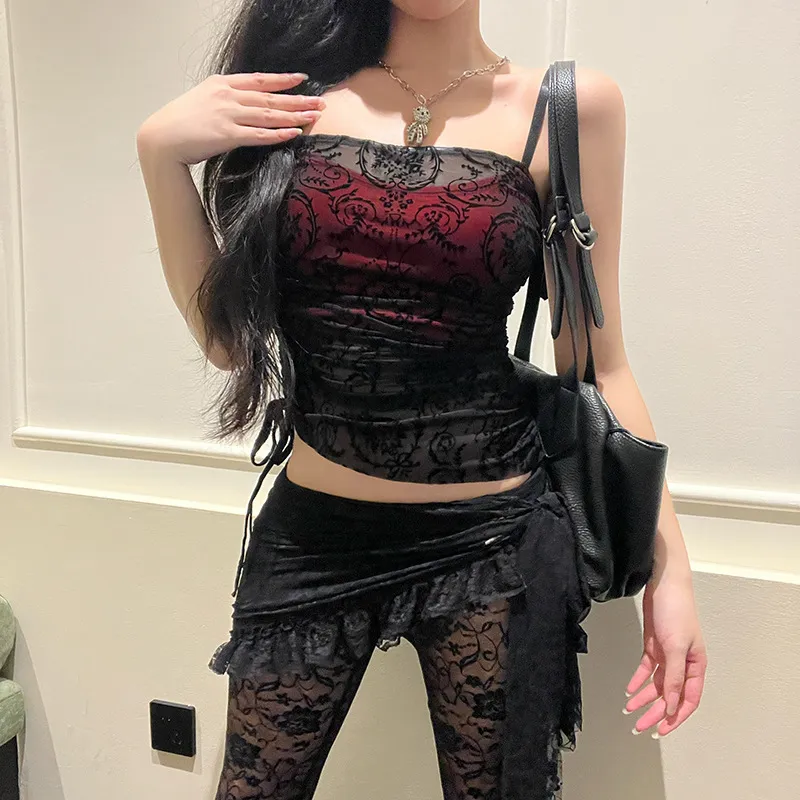 Women Sexy Dark Gothic Flocking Camisole Sling Style