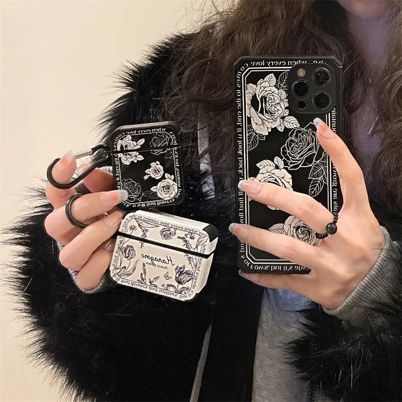 Women Fashion Black White Rose Apple Bluetooth Headset Case