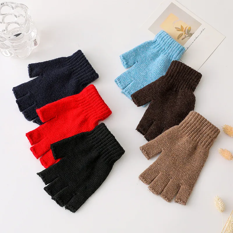 Autumn Winter Neutral Solid Warm Knitted Half-Finger Gloves
