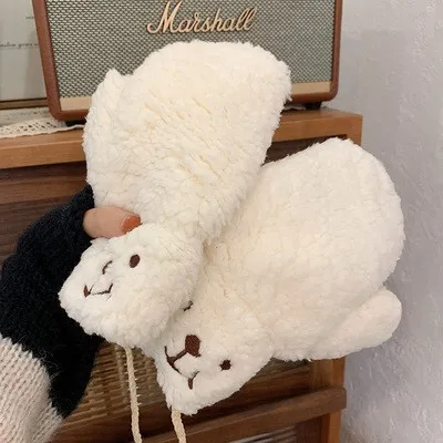 Autumn Winter Women Cute Bear Warm Thickened Fleece-Lined Cycling Mittens