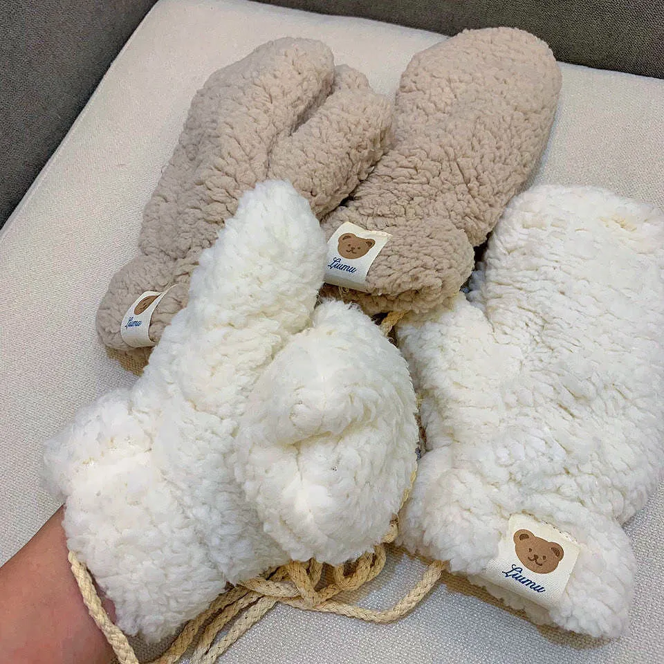 Autumn Winter Women Cute Bear Warm Thickened Fleece-Lined Cycling Mittens