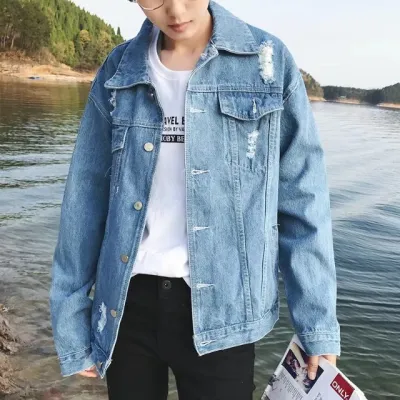 Men Fashion Casual Ripped Long Sleeve Lapel Denim Jacket with Stripe