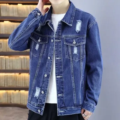 Men Fashion Casual Ripped Long Sleeve Lapel Denim Jacket with Stripe