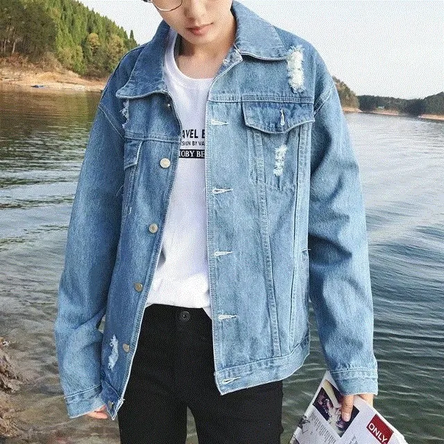 Men Fashion Casual Ripped Long Sleeve Lapel Denim Jacket with Stripe