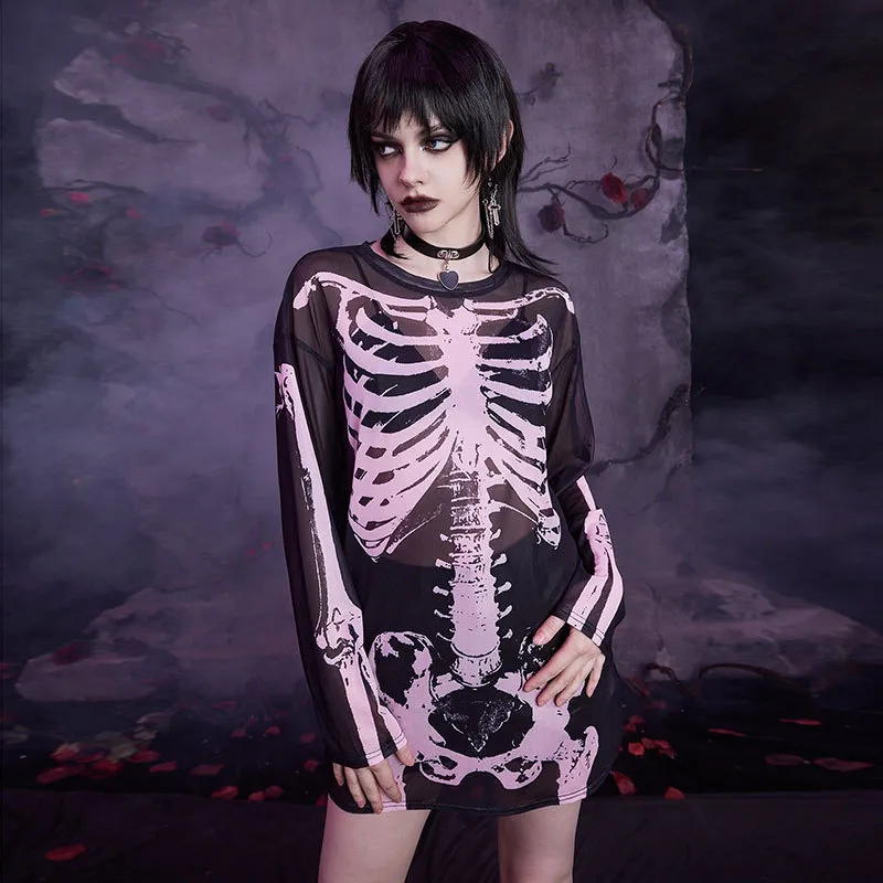 Women Retro Gothic Mesh Skull Print Long-Sleeved T-Shirt
