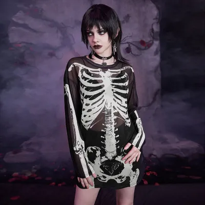 Women Retro Gothic Mesh Skull Print Long-Sleeved T-Shirt