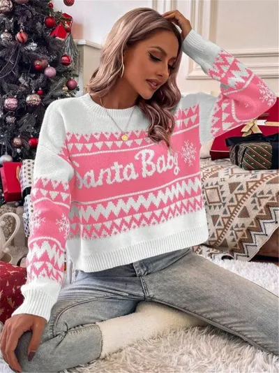 Women Autumn Winter Loose Simple Round Neck Knitted Christmas Pullover Sweater