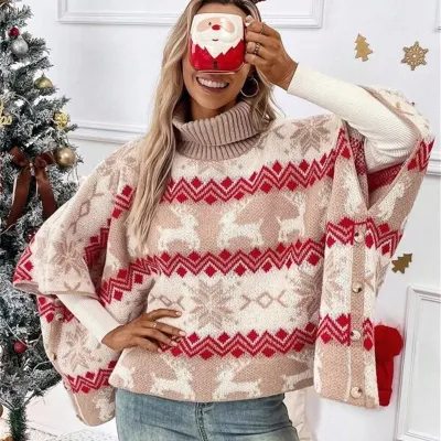 Women Autumn Winter Turtleneck Christmas Elk Color Contrast Bat Sleeve Knitted Sweater