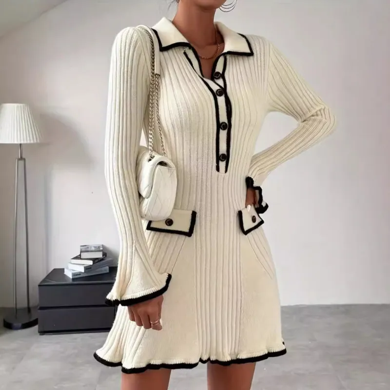Autumn Women Fashion Lapel Slim Knit Long Sleeve A-Line Dress