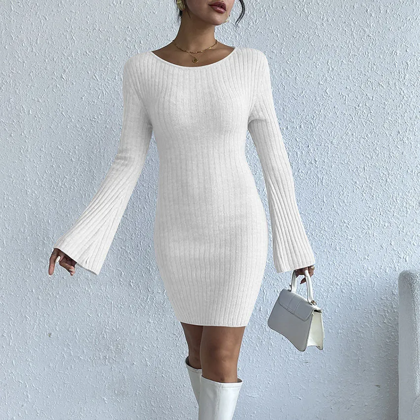 Women Sexy Backless Long Sleeve Knitted Tight Mini Dress