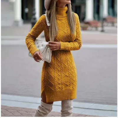 Autumn Winter Women Fashion Solid Color High Collar Twist Split Long Sleeve Knitted Dress