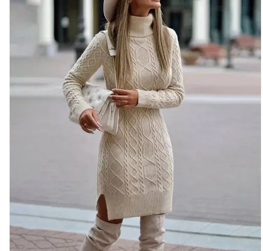 Autumn Winter Women Fashion Solid Color High Collar Twist Split Long Sleeve Knitted Dress