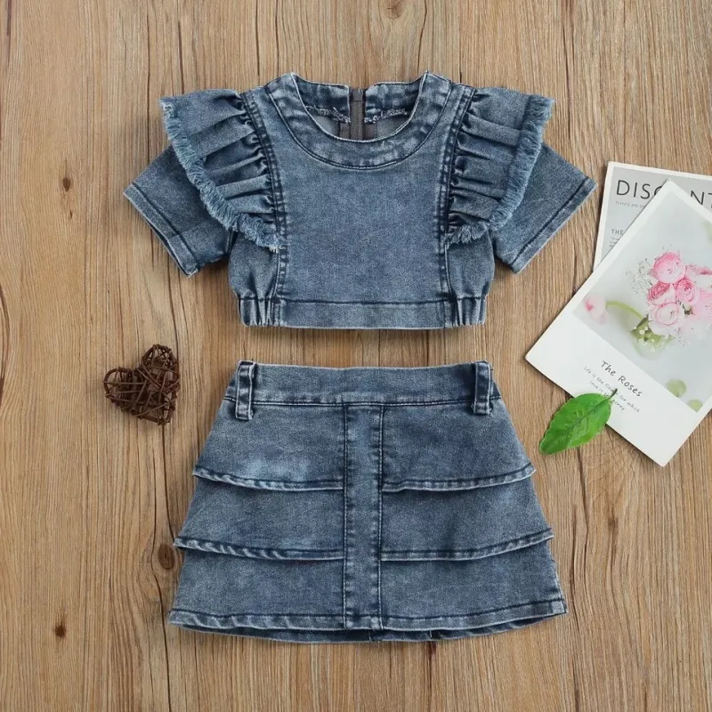 Children Kids Toddlers Fashion Girls Short Sleeve Denim Top And Skirt 2pcs Set Cotton Outfit