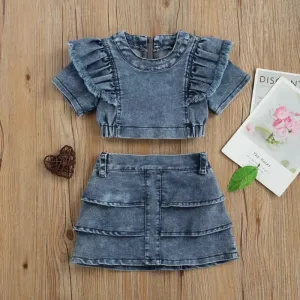 Children Kids Toddlers Fashion Girls Short Sleeve Denim Top And Skirt 2pcs Set Cotton Outfit