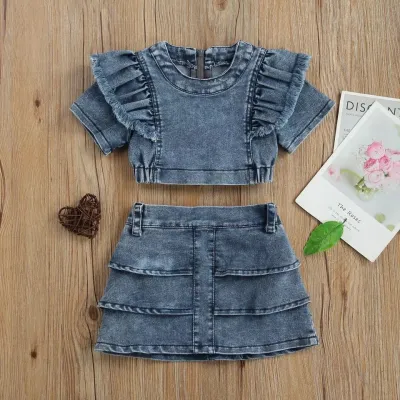 Children Kids Toddlers Fashion Girls Short Sleeve Denim Top And Skirt 2pcs Set Cotton Outfit