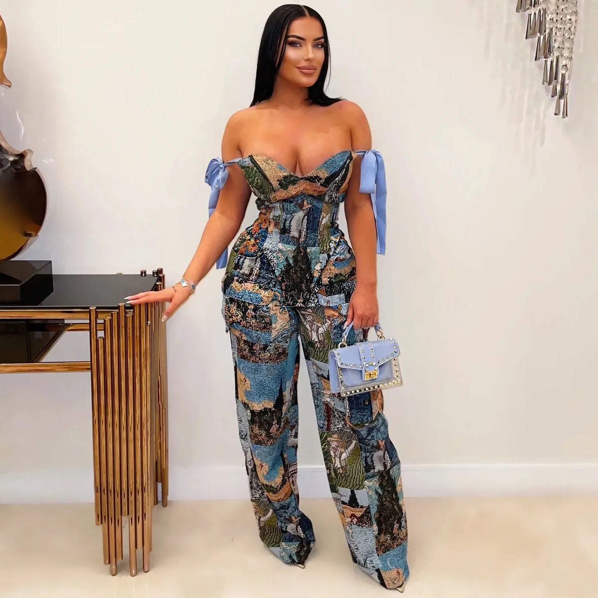 Women Fashion Oil Painting Pattern Print Strap Top And Drawstring Multi-Pocket Pants Set