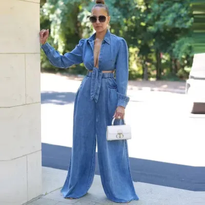 Women Fashion Sexy Deep V Lace-Up Denim Long Sleeve Top Wide Leg Pants Two-Piece Set