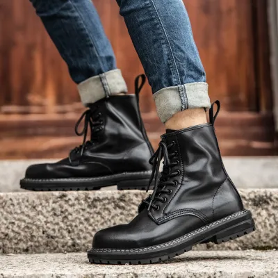 Men Fall Winter Fashion Casual British Style Lace-Up Thick-Soled Leather Short Boots
