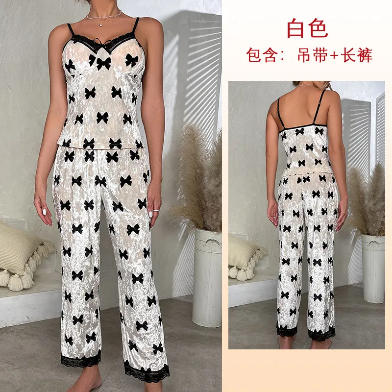 Wholesale Women Fashion Sexy Bow Print Lace Sling Gold Velvet Pajamas Set