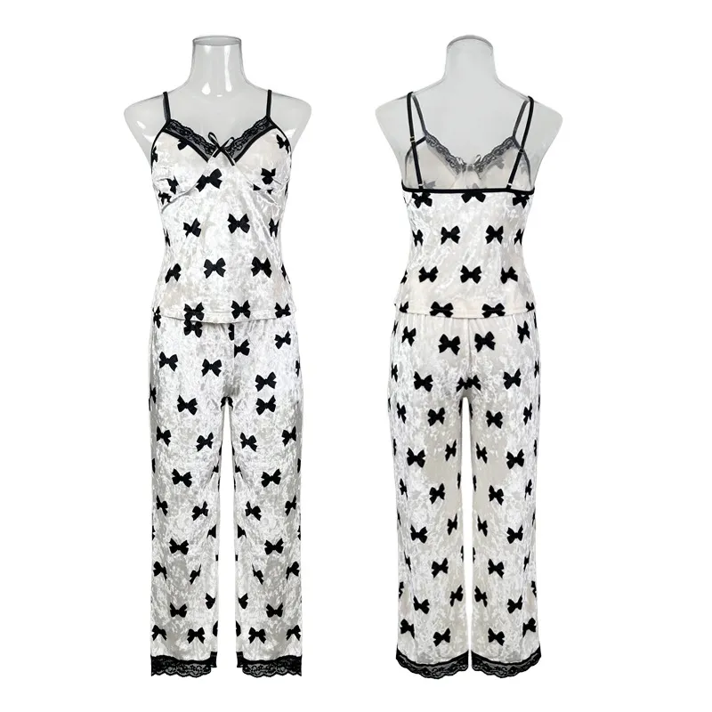 Wholesale Women Fashion Sexy Bow Print Lace Sling Gold Velvet Pajamas Set