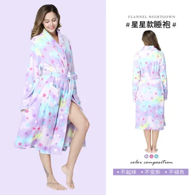 Women's Casual Rainbow Star Python Print Flannel Long Sleeve Nightgown