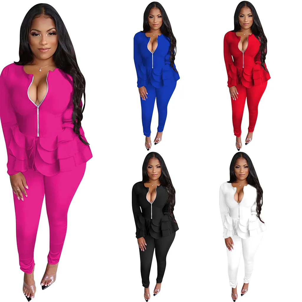 Women Casual Solid Color Ruffled Long-Sleeved Zipper Top Pants Two-Piece Set